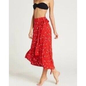 Billabong Dancing Til Dawn Wrap Floral Skirt in Red Medium Boho Beach